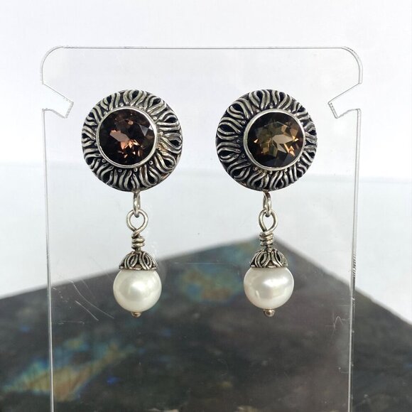Sterling Silver 925 1.5" Signed Round Smoky Quartz & Pearl Dangle Drop Earrings - Picture 11 of 16